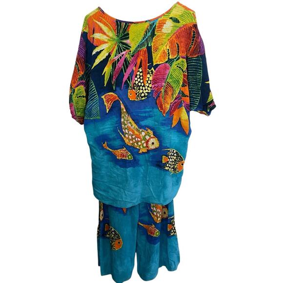 Jams World Multicolor Fish Print Blouse Top & Long Wide Leg Pants Set Size M/L - Picture 1 of 13